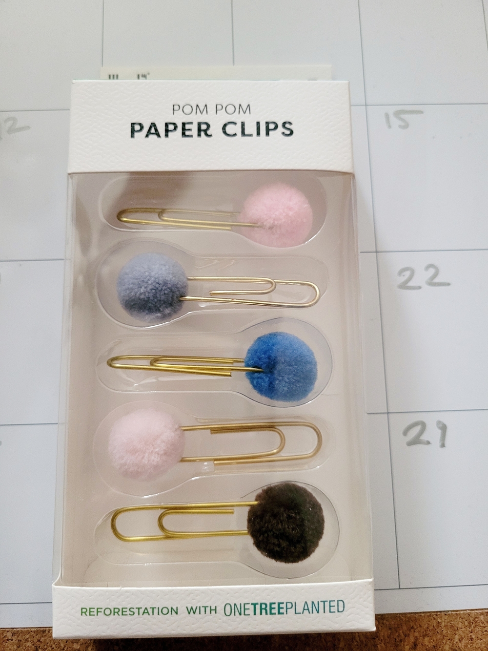 2pks Pom Pom Paper Clips-Gold Clips with Pink, Gray, Blue, Cream, Brown Pom Poms